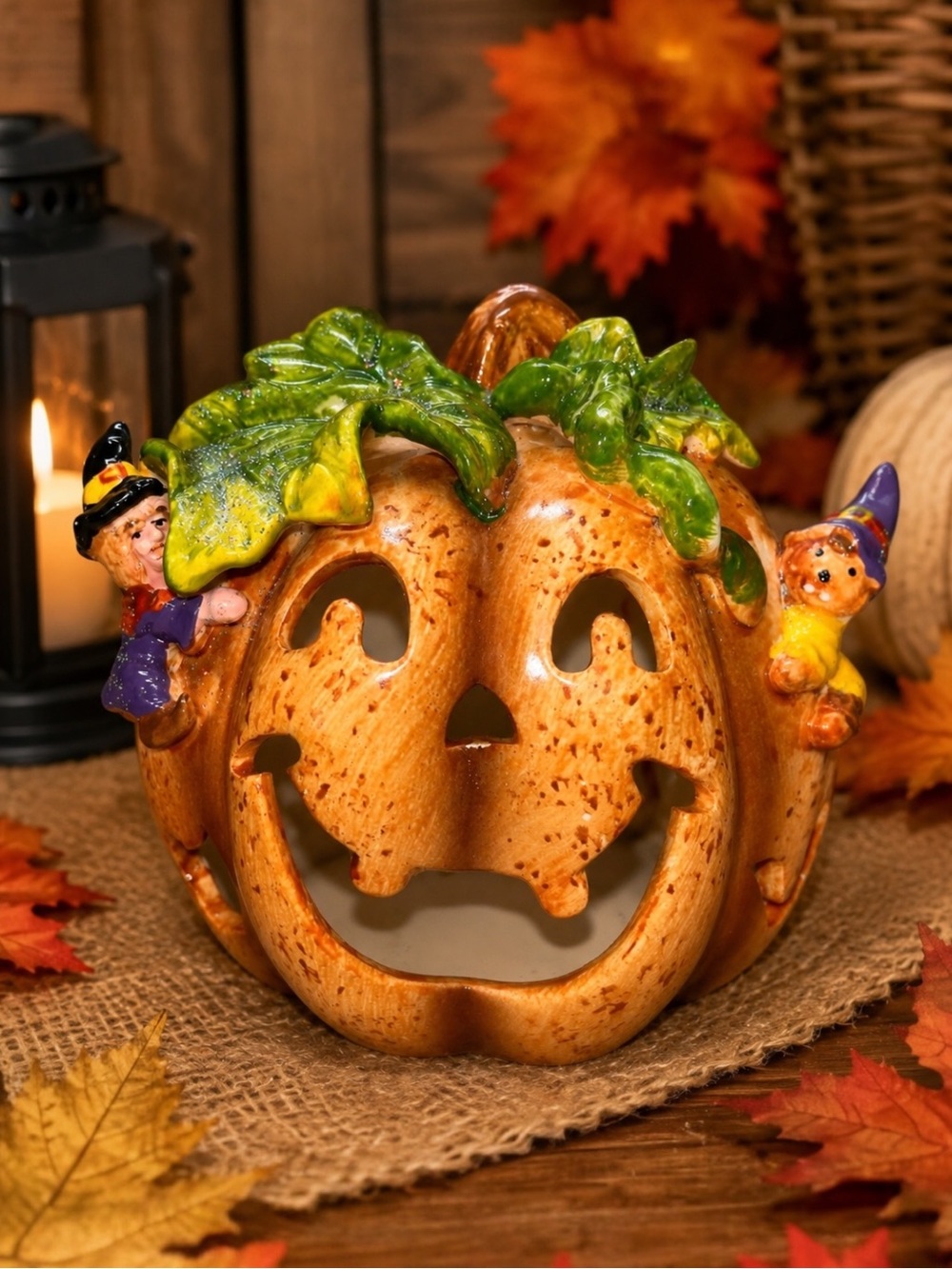 Vintage Hallmark Halloween Pumpkin Jack O Lantern Tea Light Candle Holder F-1026